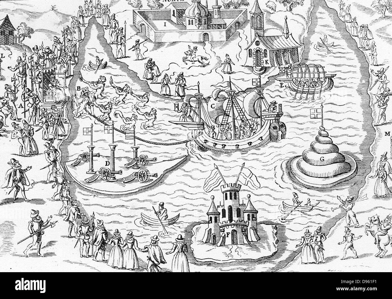 Il grande stagno a Elvetham nel 1591, la scena del divertimento dato dal conte di Hertford durante la visita di Elisabetta I. La regina del sedile di presenza e i suoi operatori ad una, in alto a sinistra. Incisione. Foto Stock