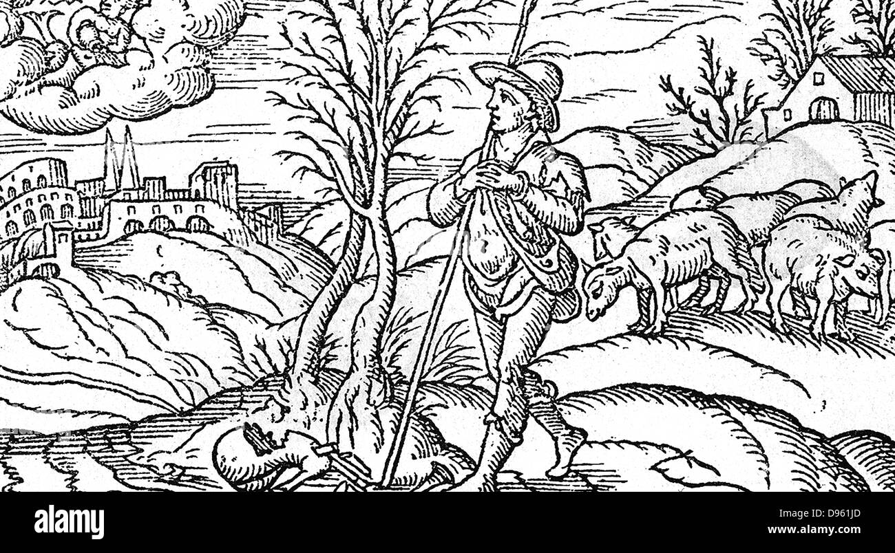 Illustrazione di gennaio per Edmund Spenser epico "il pastore la calendario', 1597. Xilografia. Foto Stock