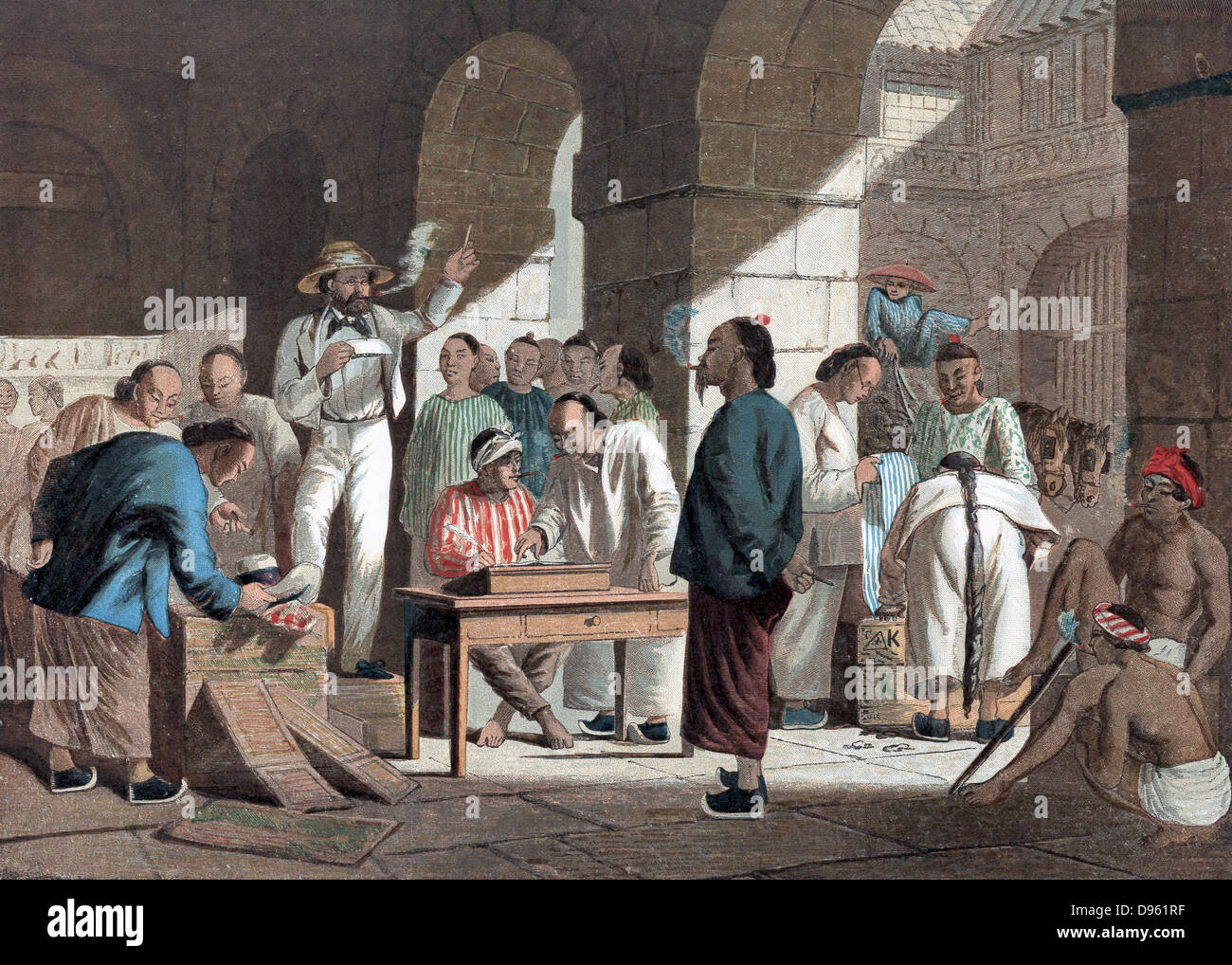 Il cantone, maggio 1858. Vendita di merci in inglese. Il cantone è stata bombardata dai francesi e inglesi nel gennaio 1858. Il commercio ha aperto di nuovo e di un trattato di pace e di libero commercio firmato alla fine del mese di giugno da Lord Elgin per la Gran Bretagna e Trattato porti sono stati designati in modo che termina la seconda guerra di oppio. Oleograph. Foto Stock