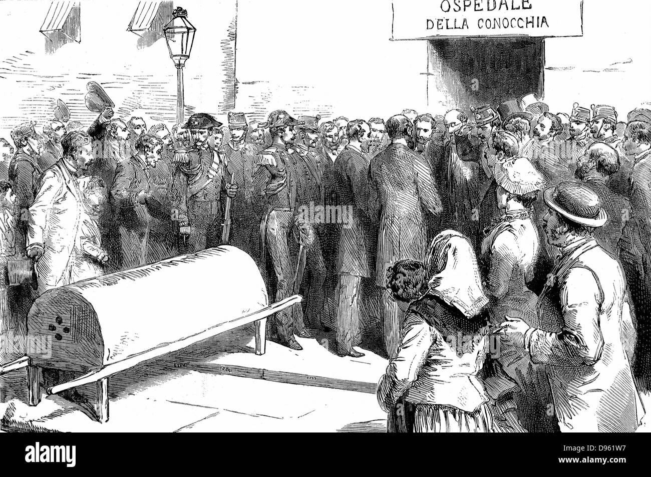 Epidemia di colera a Napoli, Italia. I ministri del governo la visita di un ospedale. Incisione su legno pubblicato Parigi 1884. Foto Stock