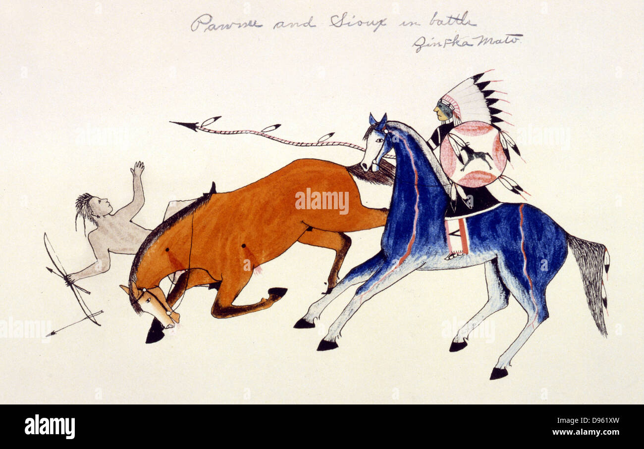 Unhorsing di un guerriero Pawnee dalla lancia di un guerriero Sioux Zintka Mato (cane orso). Pittura su stoffa da uccide due indiani Sioux (1869-1927) Foto Stock