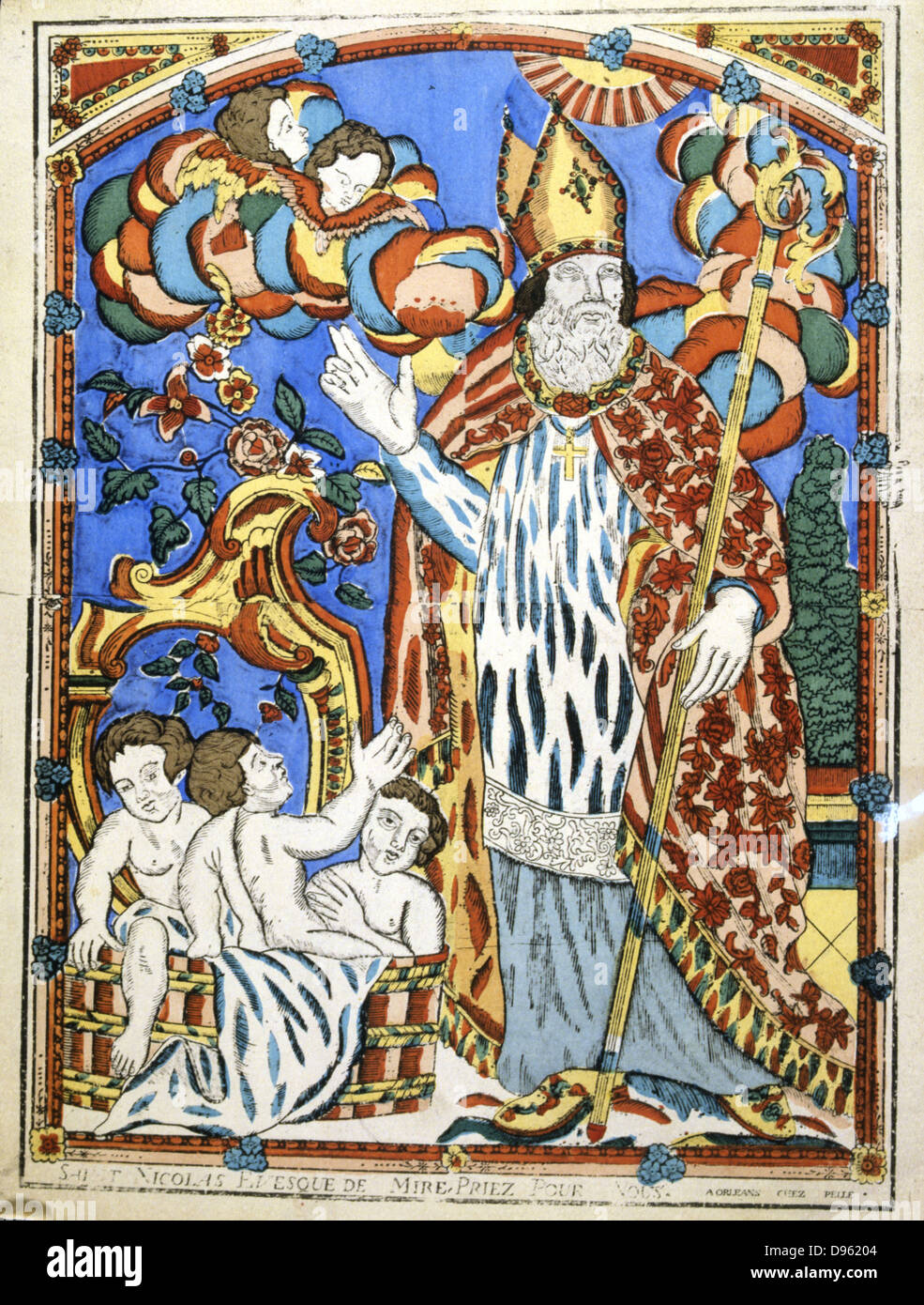 San Nicola di Myra (300-399) Christian prelato. Imprigionato da Diocleziano e rilasciato da Costantino, qui il salvataggio tre innocenti da esecuzione (o dare tre ragazze una dote). Santa Claus. Francese del XIX secolo la xilografia colorata. Foto Stock