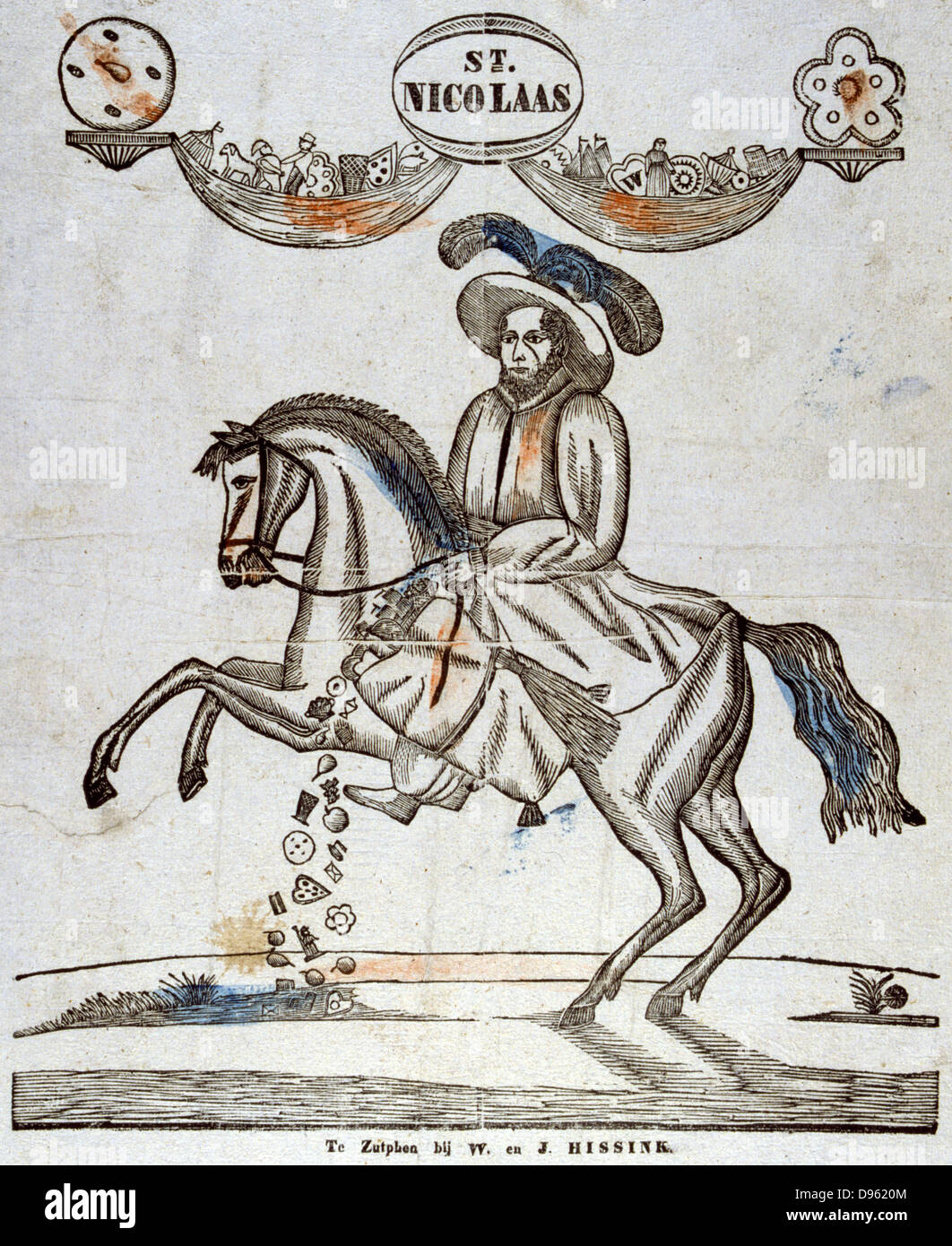 San Nicola di Myra (300-399) Christian prelato. Imprigionato da Diocleziano e rilasciato da Costantino, qui a distribuire doni. Santa Claus. Xix secolo la xilografia colorata. Foto Stock