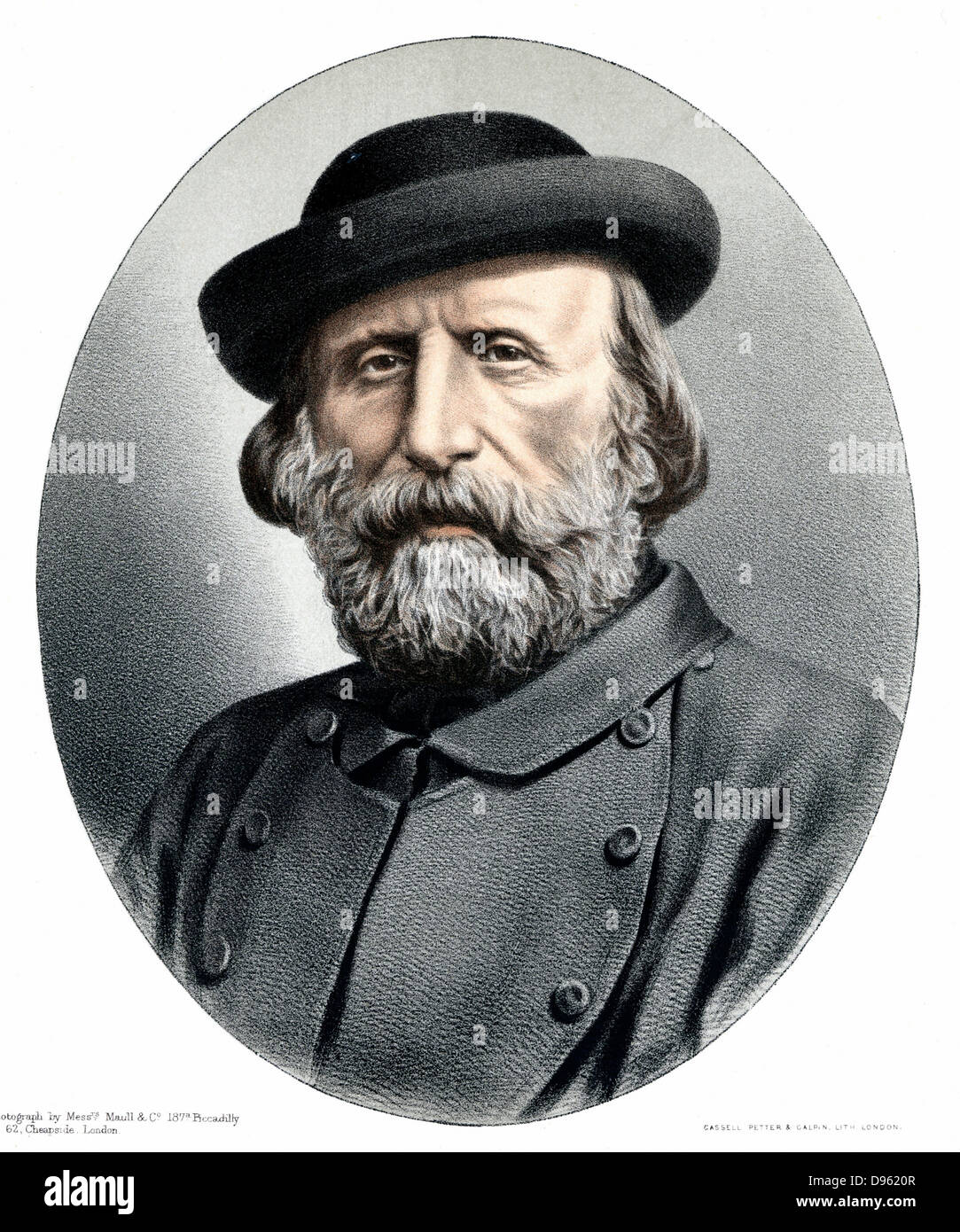 Guiseppe Garibaldi (1807-1882) patriota italiano. Nel 1860, a capo della sua l,000 Camicie Rosse, ha conquistato la Sicilia e Napoli. Litografia colorata c1880. Foto Stock