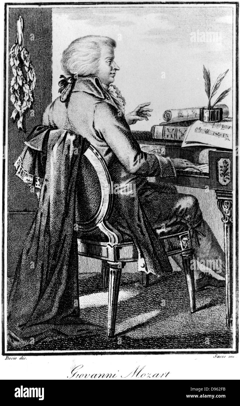 Wolfgang Amadeus Mozart (1756-1791) il compositore austriaco. Mozart presso la tastiera. Da incisione di 1787 Foto Stock