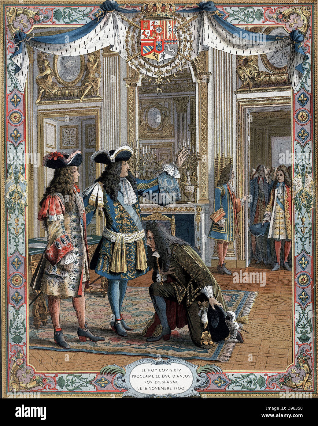 Louis XIV (1638-1715), re di Francia dal 1643, proclamando duc d'Anjou, suo nipote, re di Spagna, 16 novembre 1700. La guerra di successione spagnola. Fine del XIX secolo chromolithograph. Foto Stock