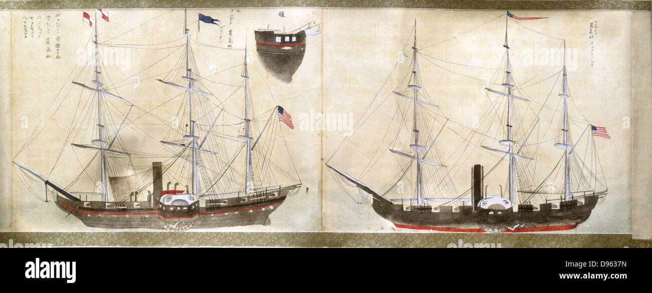 Matthew Perry (1794-1858). Navi di Perry's American spedizione in Giappone dal 1852-1854 che ha aperto le relazioni diplomatiche con gli Stati Uniti e ha concesso loro il primo scambio di diritti. Giapponese. Color wash. Collezione privata. Foto Stock