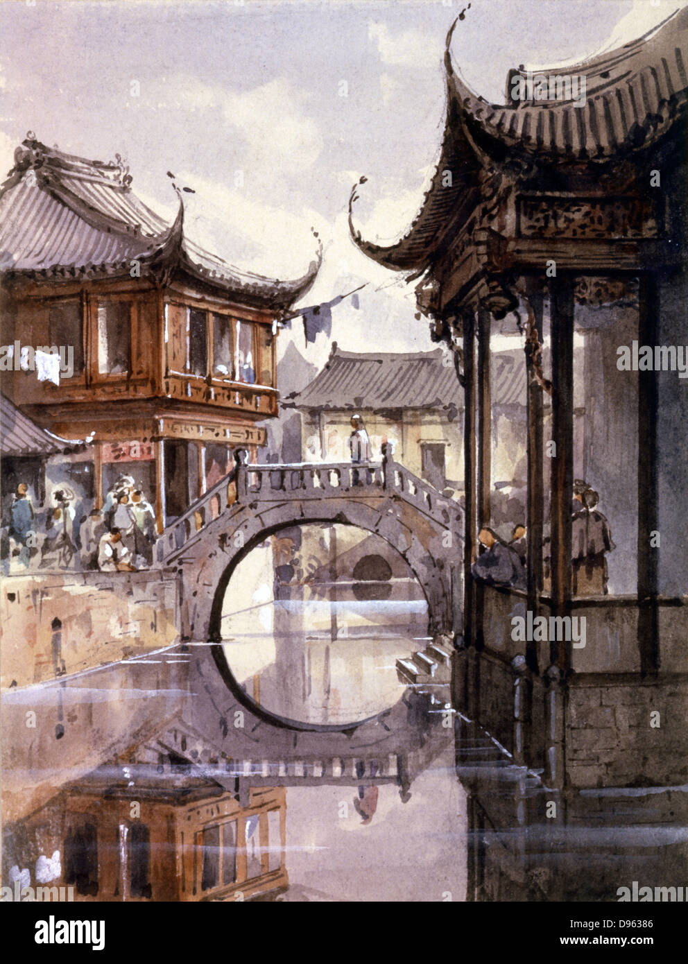 Shanghai c1865. Vista del canal fiancheggiata da edifici. Jean Henri Zuber (1844-1909) artista francese. Acquerello. Foto Stock