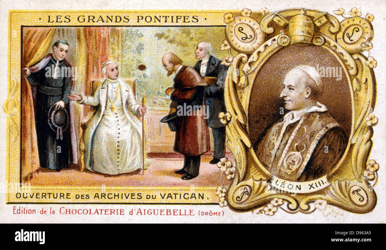 Leone XIII (Vincenzo Giacchino Pecci 1810-1903) Papa dal 1878, apertura archivi vaticani per la ricerca storica, 1883. Inset ritratto. Fine del XIX secolo chromolithograph. Foto Stock