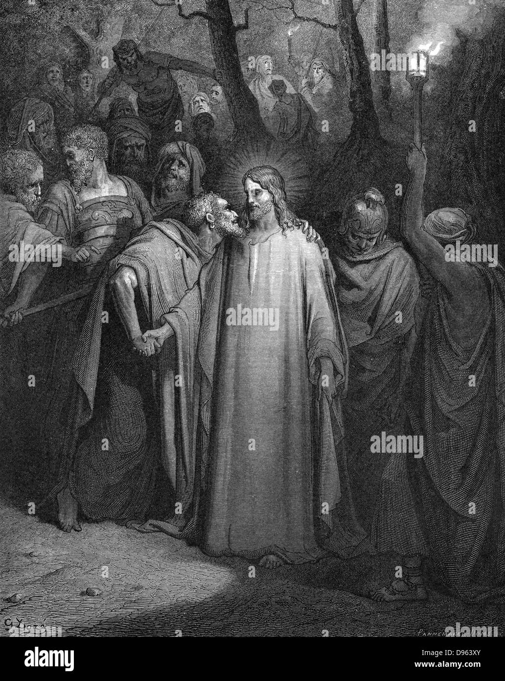 Giuda tradisce Cristo con un bacio. Matteo 26,9. Illustrazione di Gustave Dore (1832-1883), pittore francese e illustrator fro "bibbia" (London 1866). Incisione su legno. Foto Stock
