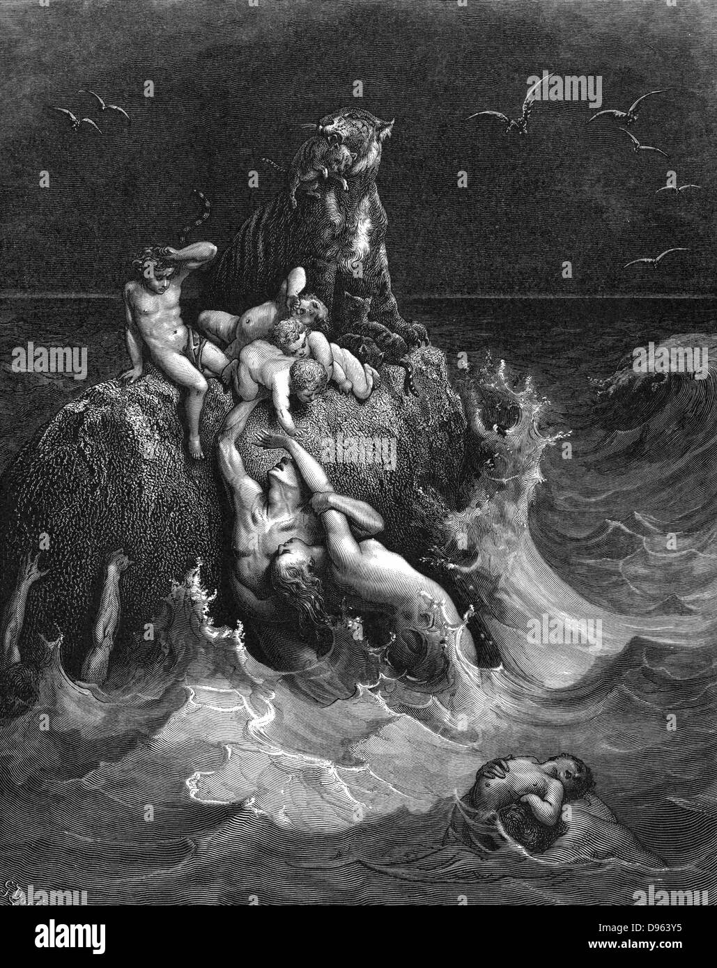Il diluvio". L'ultimo frenetici tentativi di aggrapparsi alla vita. "E ogni carne morta che si muove sulla terra....' Genesi 7,22. Illustrazione di Gustave Doré pittore francese e illustratore per "bibbia" (London 1866). Incisione su legno. Foto Stock