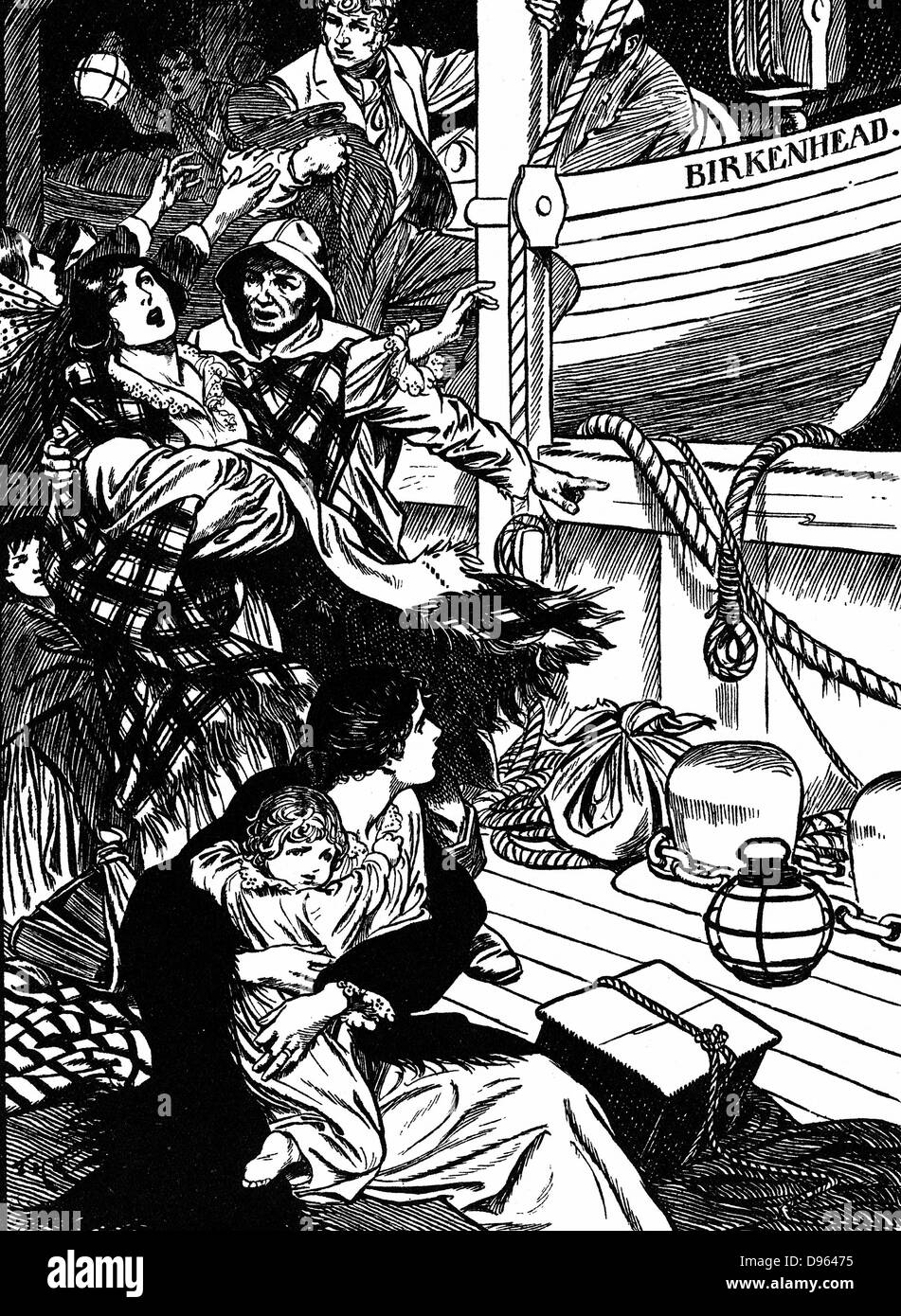 Perdita del 'Birkenhead' ferro paddle-vaporizzatore troopship navigato da Queenstown (Cobh) Irlanda per il Capo di Buona Speranza il 7 gennaio 1852, è affondata al largo di Simon's Bay, s in Africa il 26 febbraio. Comandante Colonnello Seton, diede ordine di "donne e bambini prima' e truppe si fermò in linea sul ponte come se il corteo e aspettato il loro destino. Le donne e i bambini di essere abbassati in nave di imbarcazioni di salvataggio. Inizio del XX secolo la xilografia. Foto Stock