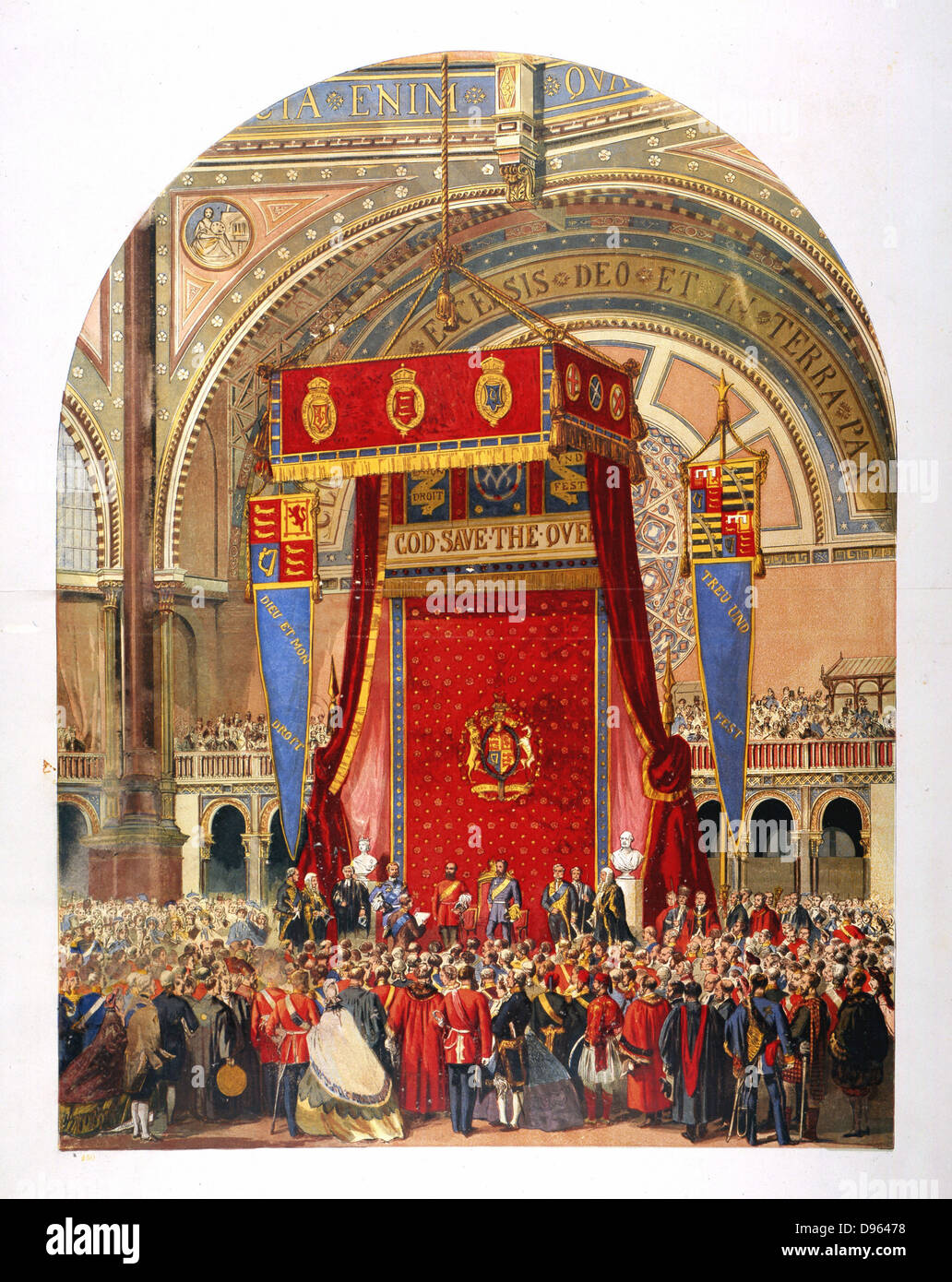 Apertura della mostra internazionale del 1862 nel palazzo di cristallo dalla regina Victoria cugino, George, duca di Cambridge. Chromolithograph, Londra, agosto 1862. Foto Stock