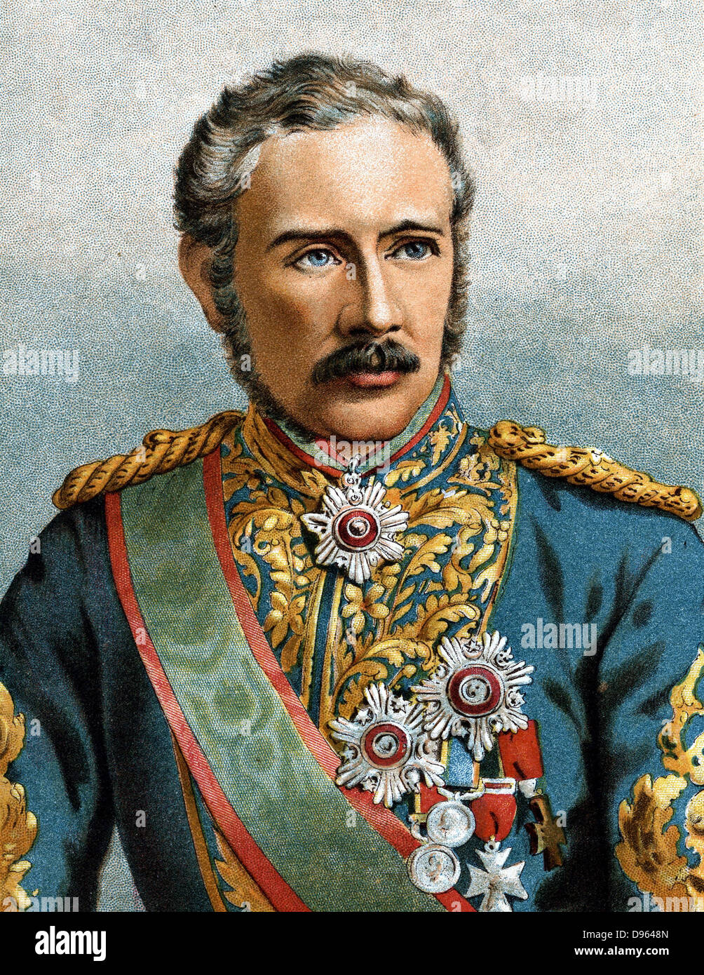 Charles George Gordon (1833-1885) soldato inglese, chiamato 'Gordon cinese". Ucciso a Khartoum il 16 gennaio 1885 quando le forze del Mahdi sopraffatto la città. Ritratto Chromolithograph pubblicato 1885 mostra Gordon in uniforme che indossa gli ordini e decorazioni Foto Stock