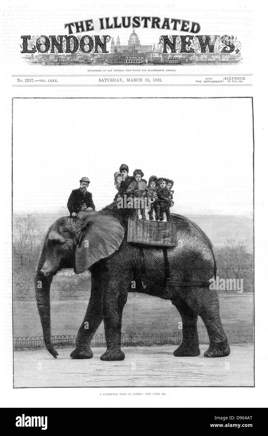 Un addio Ride su Jumbo' allo Zoo. Questo grande elefante africano è stato venduto da Zoo di Londra nel 1882 per il mattatore americano Phineas Taylor Barnum (1810-1891) per il suo circo che divenne noto come il "più grande spettacolo sulla terra". Da 'l'Illustrated London News' (Londra, 18 marzo 1882). Incisione su legno. Foto Stock