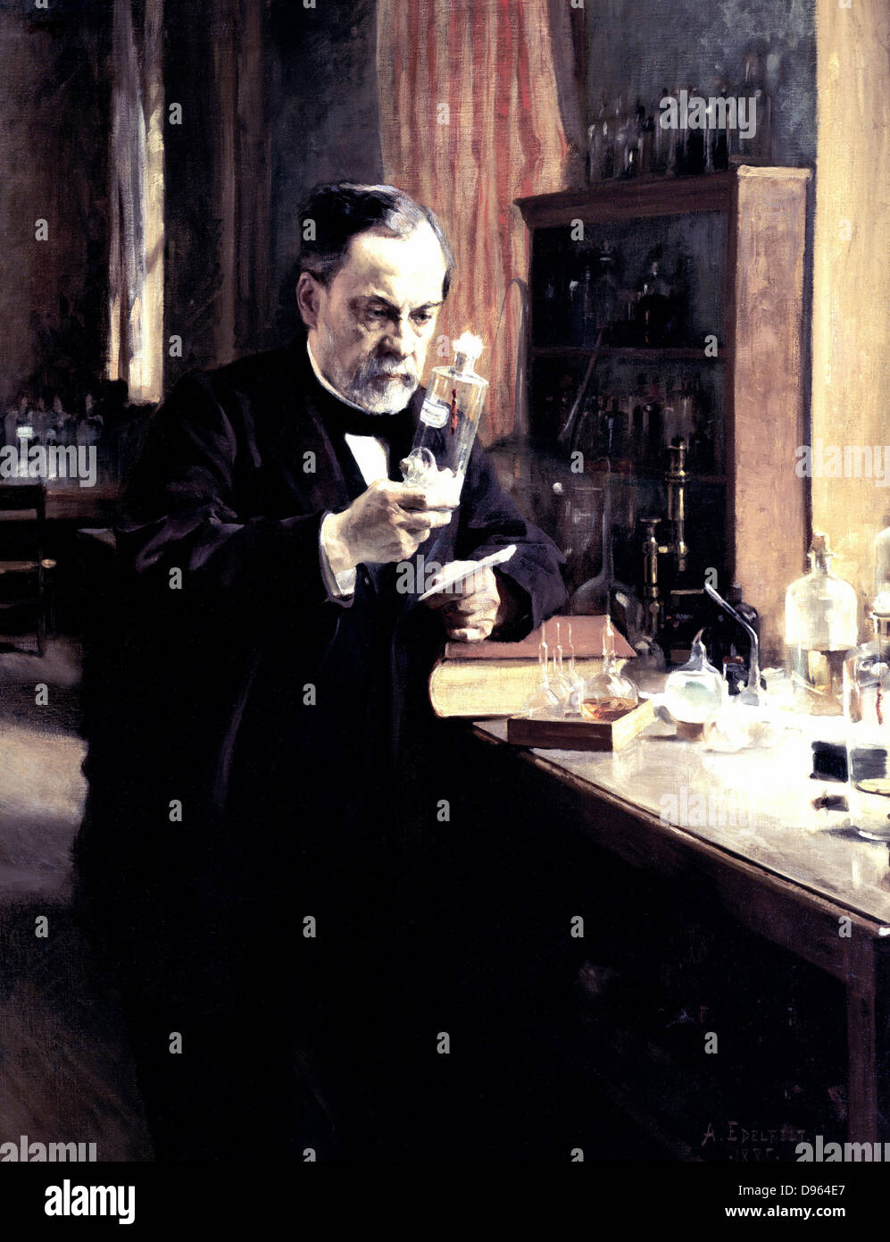 Louis Pasteur' (1822-1895) chimico francese e biologo al lavoro nel suo laboratorio c1889. Pioniere della inoculazione contro idrofobia. Albert Edelfelt (1854-1905) francese. La pittura. Olio su tela. Musee d'Orsay, Parigi. Foto Stock