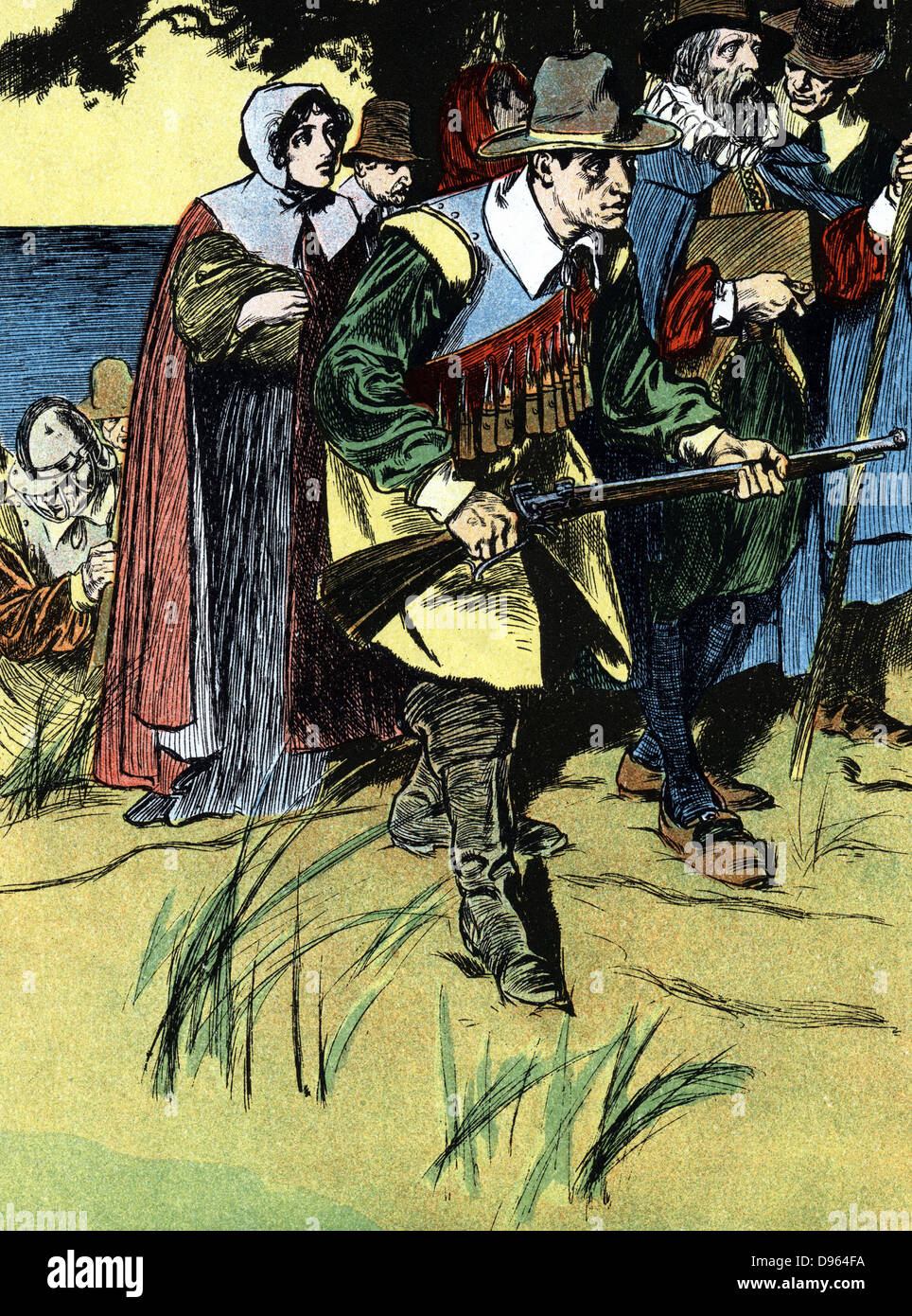 Padri Pellegrini avanzano in America dopo aver attraversato dall'Europa al 'Mayflower' nel 1620. Stampato a colori litografia c1900 Foto Stock
