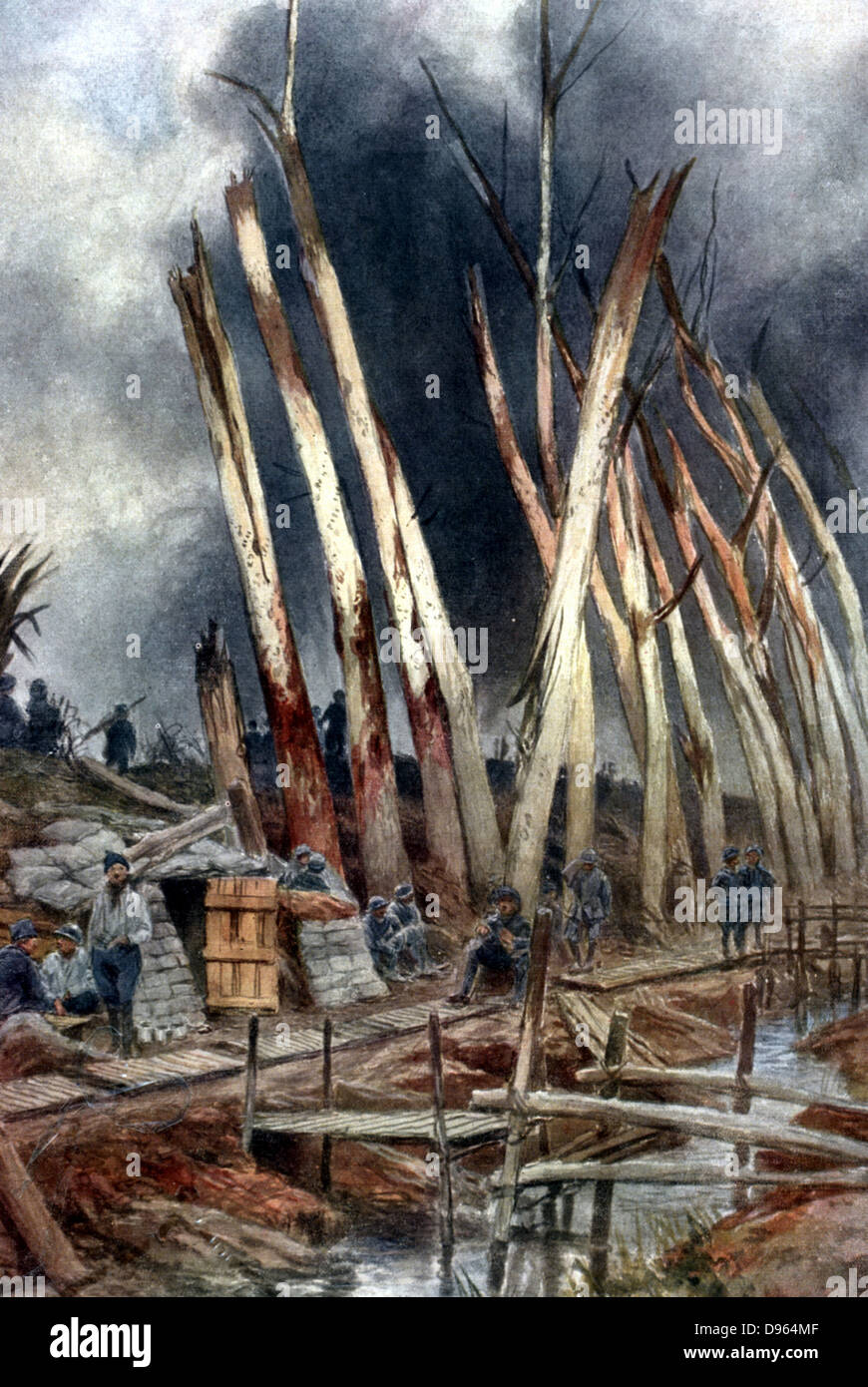 Il 0ffensive a Yser (1917)". Linea francese nei pressi di Het-Sas appena prima del 31 luglio. Soldati in attesa di ordini tra gli alberi in frantumi da arma da fuoco di precedenti impegni. Dopo la verniciatura da Francois Flameng (1856-1923) francese. Foto Stock Il 0ffensive a Yser (1917)". Linea francese nei pressi di Het-Sas appena prima del 31 luglio. Soldati in attesa di ordini tra gli alberi in frantumi da arma da fuoco di precedenti impegni. Dopo la verniciatura da Francois Flameng (1856-1923) francese. Foto Stock