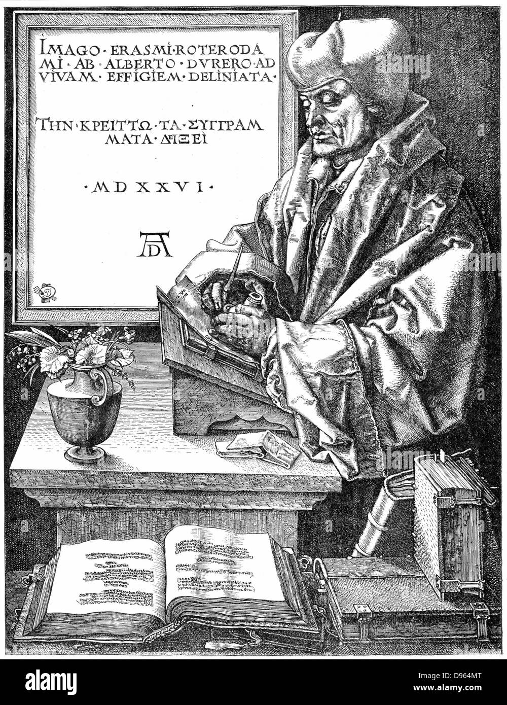 Desiderus Erasmus (1465-1536), umanista olandese e studioso, mediante la scrittura di pendenza. Dopo incisione di Dürer. Foto Stock