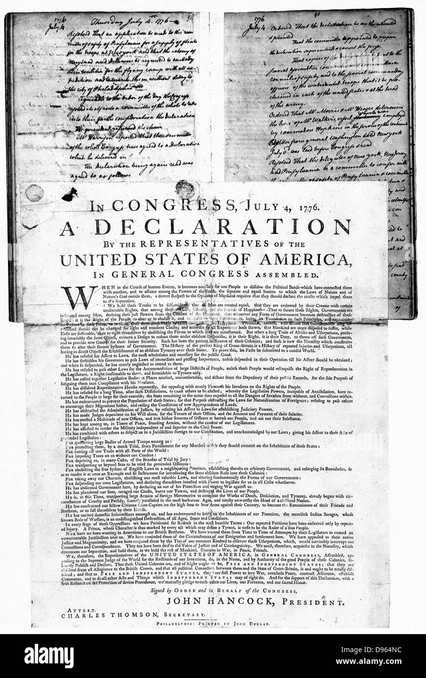 Dichiarazione Americana di Indipendenza, 4 luglio 1776. Foto Stock
