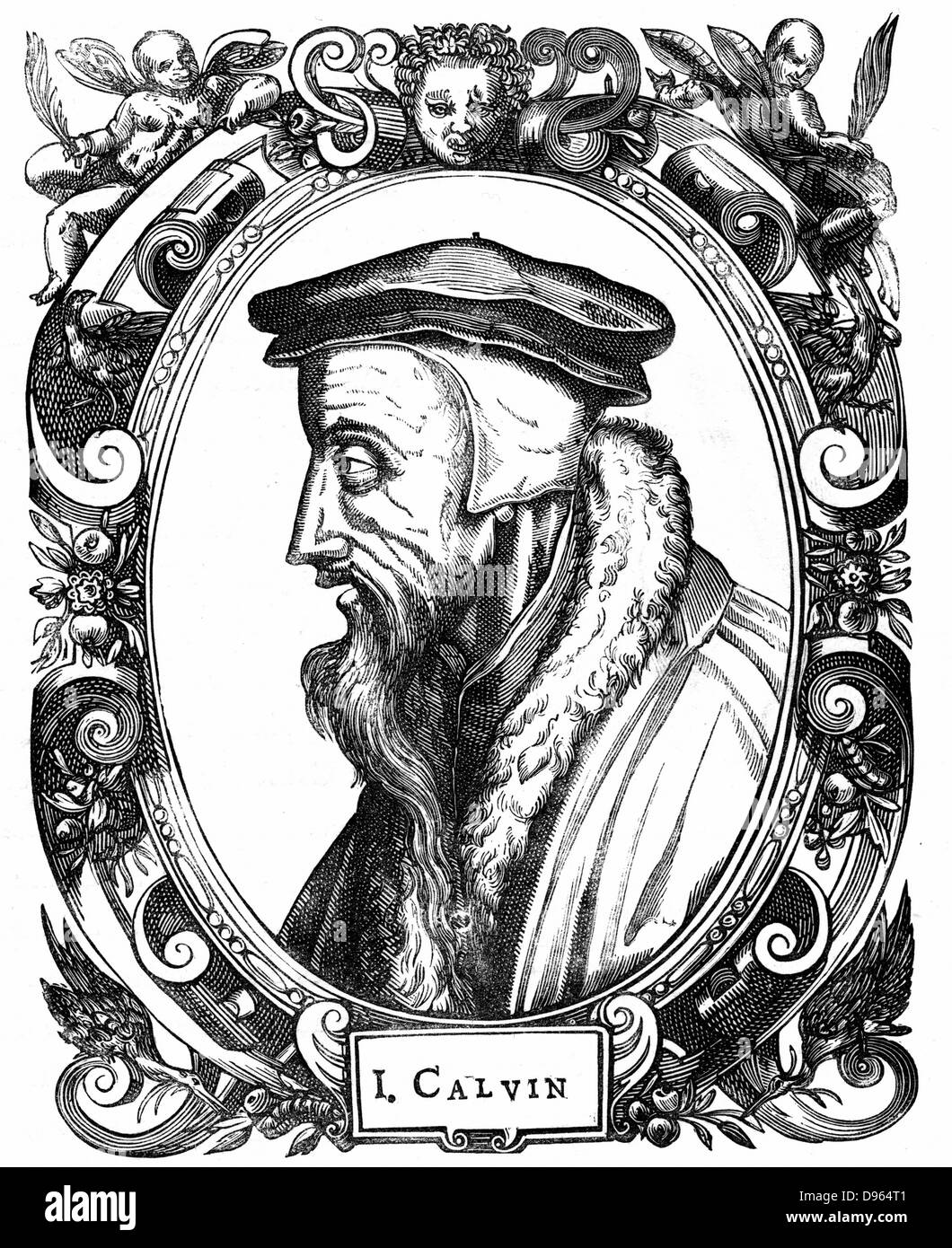Jean Calvin (1509-1564), teologo francese. Riformatore protestante. Si stabilì a Ginevra e fu protagonista della Riforma Protestante. Ha dato il suo nome alla forma rigorosa del protestantesimo, il calvinismo. Xilografia, 1581 Foto Stock