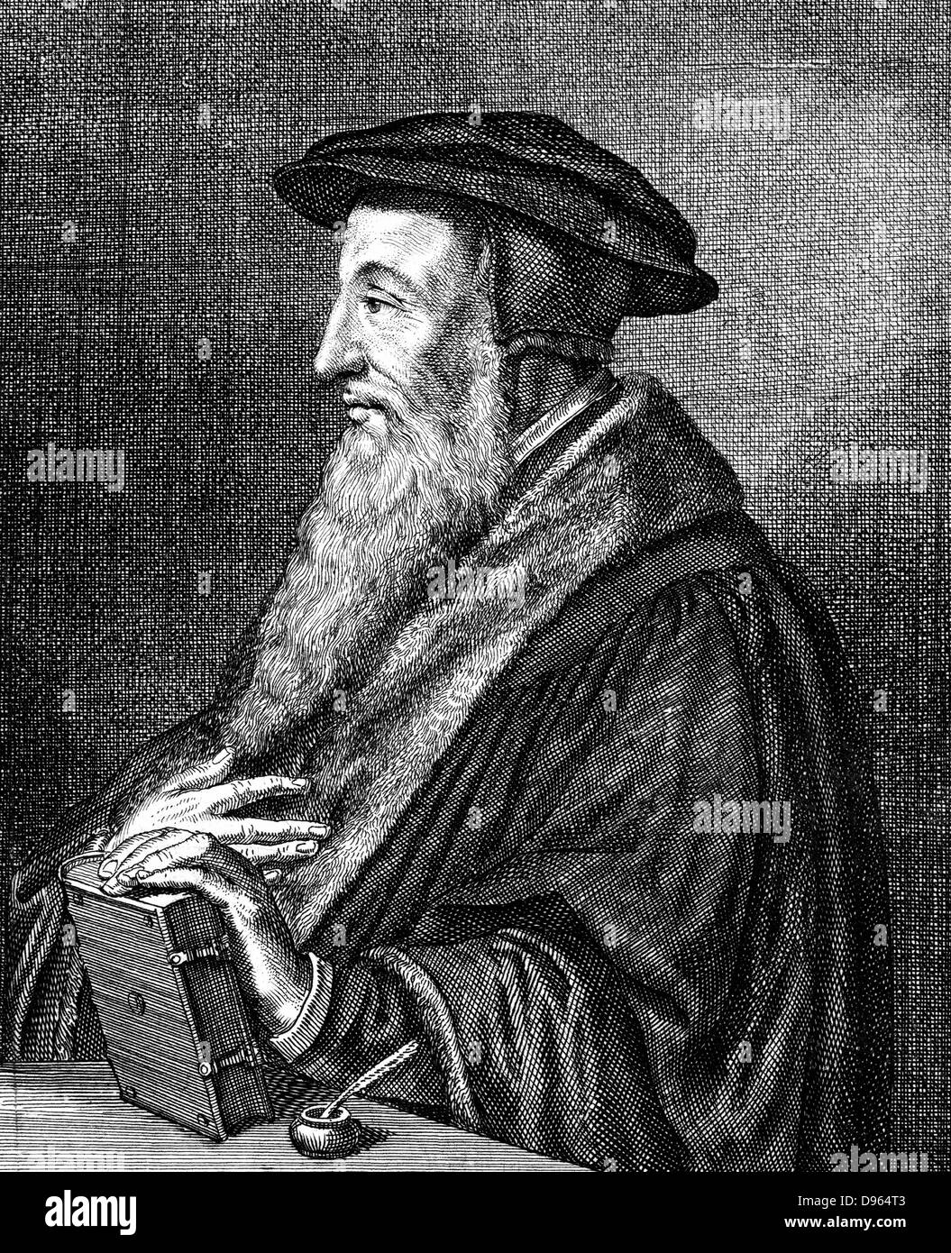 Jean Calvin (1509-1564), teologo francese. Riformatore protestante. Si stabilì a Ginevra e fu protagonista della Riforma Protestante. Ha dato il suo nome alla forma rigorosa del protestantesimo, il calvinismo. Incisione su rame di Konrad Meyer (1616-1689). Foto Stock