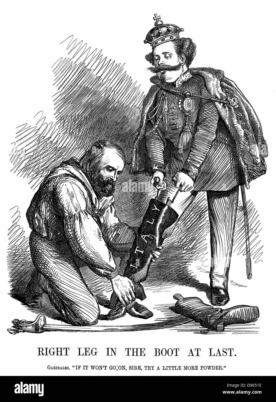 Unificazione di Italia: Giuseppe Garibaldi (1807-1882) aiutando a Vittorio Emanuele II (1820-78) mettere su boot d'Italia. John Tenniel cartoon da 'Foratura', Londra, 17 novembre 1860. Incisione su legno. Foto Stock