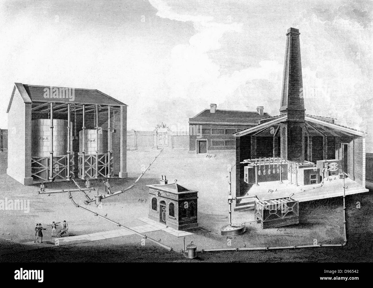Lavori Gas: l: Casa storta. 2: Tar cisterna. 3: condensatore. 5,6: gasometro. 7: Ufficio. 8: Workshop. aa: tubazioni di collegamento con tar cisterna per gruppo idraulico principale.b, tubazione di collegamento a,a, e condensatore. Da 'l'Oxford Encyclopaedia", Oxford, 1828. Foto Stock