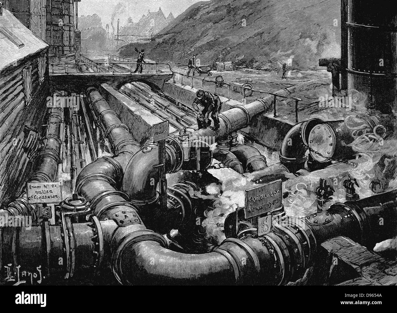 Sud Metropolitan Gas Company, le opere di East Greenwich, Londra: i condensatori. Incisione su legno pubblicato a Parigi, 1891 Foto Stock