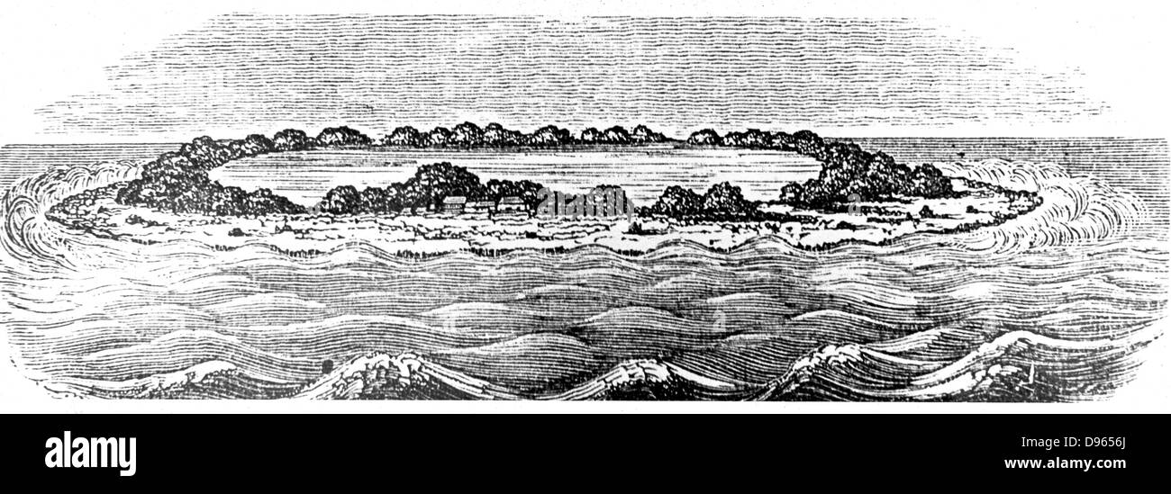 Coral reef creando una laguna. Da Charles Darwin "la struttura e  distribuzione delle barriere coralline', Londra, 1842. La realizzazione  della lunga scala temporale ha comportato la creazione di isole e scogli  hanno