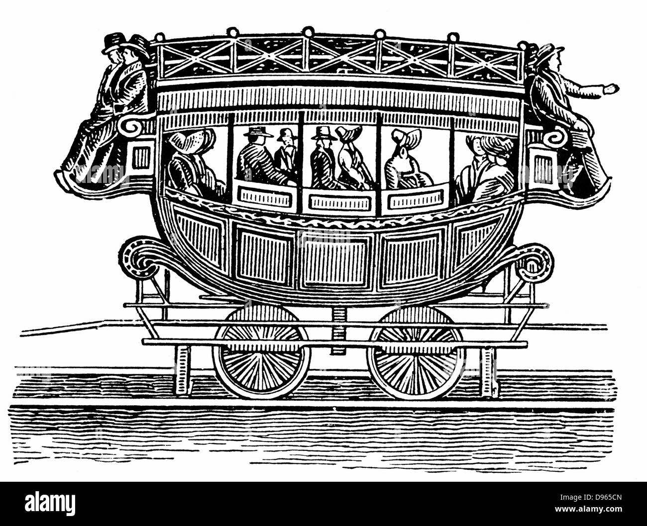Early American railroad car, che illustrano il tipo di trasporto adottato dal trasporto stradale che è stato utilizzato su Baltimore e Ohio Railroad e il Mohawk e linee di Hudson. Xilografia. Foto Stock
