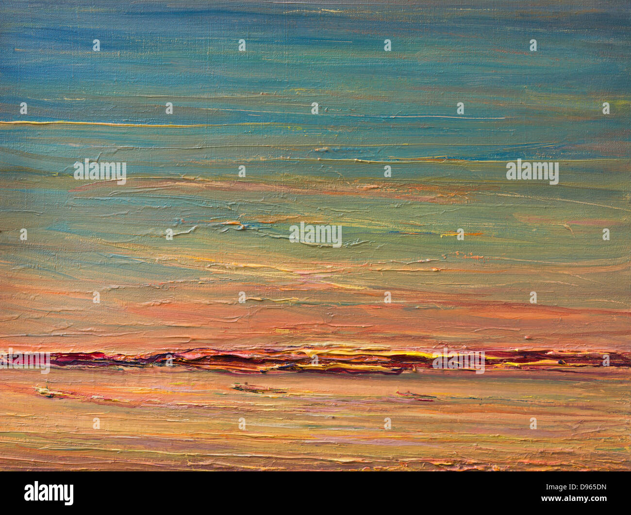 Un dipinto ad olio su tela di un colorato tramonto espressivo paesaggio oltre il fiume. Il cielo blu con rosa, rosso, arancione e giallo. Foto Stock