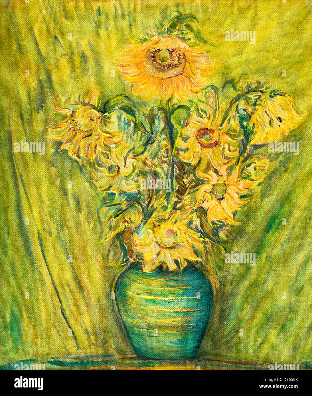 Un dipinto ad olio su tela di luminoso colorato bouquet girasoli su un giallo verde dello sfondo. Foto Stock