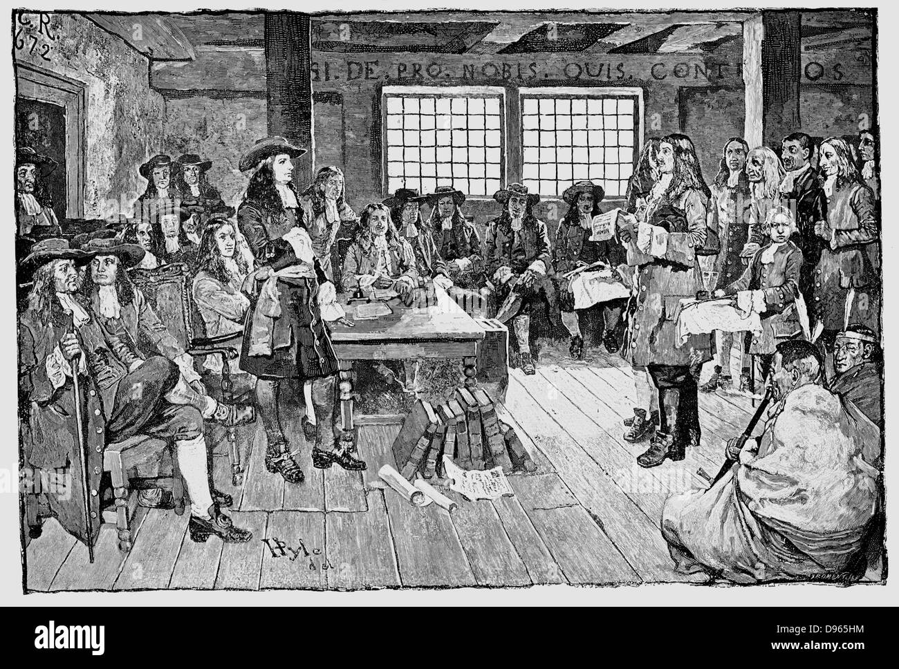William Penn (1644-1718) inglese Quaker e colonialista, fondatore della Pennsylvania. Penn in conferenza con Colonialists, 1682.L'incisione "Harper's Weekly', 1883. Foto Stock