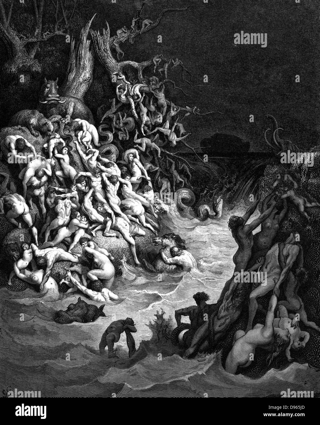 Il diluvio". Gli esseri umani e gli animali sopraffatti dal diluvio mentre in background, l'arca galleggia sulle acque. Genesi. Illustrazione di Gustave Dore (1832-1883), pittore francese e illustratore di libri per "bibbia" (London 1866). Incisione su legno. Foto Stock
