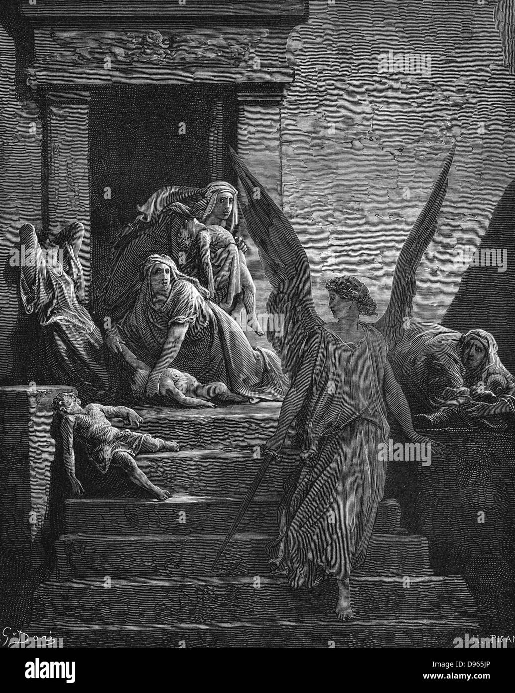 Sette Piaghe d'Egitto: esodo. Angelo del Signore, la spada in mano, lasciando le madri piange la morte del primo nato. Illustrazione di Gustave Dore (1832-1883), pittore francese e illustratore di libri per "bibbia" (London 1866). Incisione su legno. Foto Stock