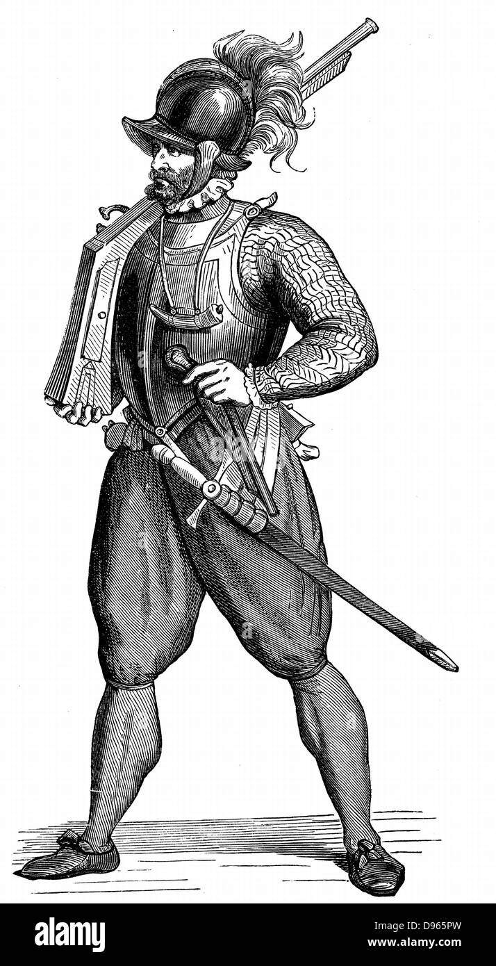 Piedi soldato che porta un arquebus. Dopo incisione Cesare Vecellio 'Degli habiti antichi et moderni" 1590. Foto Stock