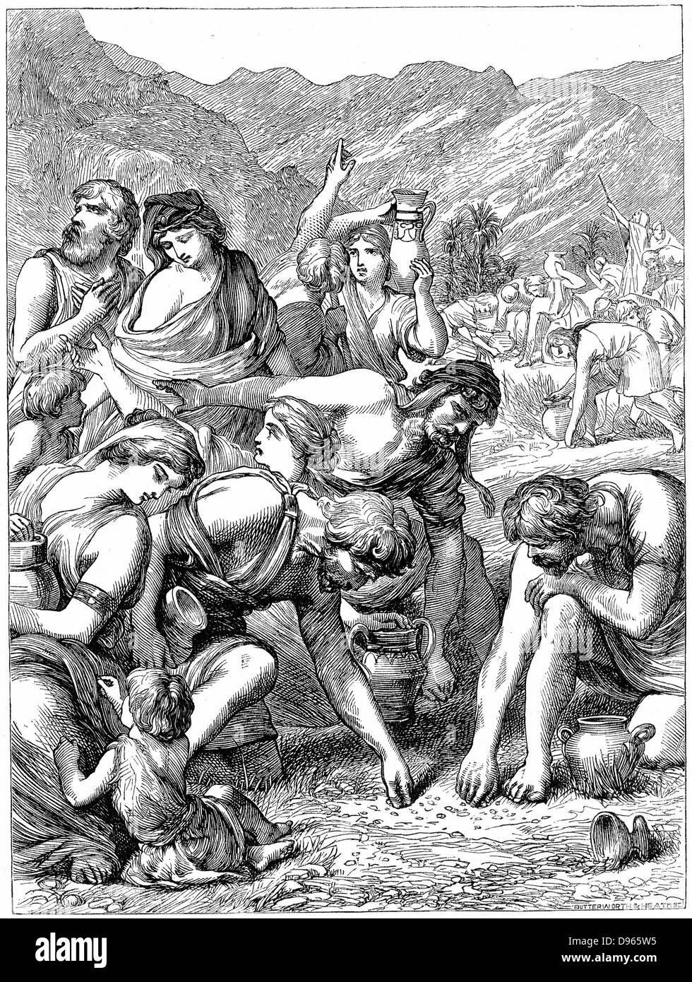 Gli Israeliti nel deserto per la raccolta della manna che è sceso dal cielo." La bibbia": Neemia 9.15. Incisione su legno 1869. Foto Stock