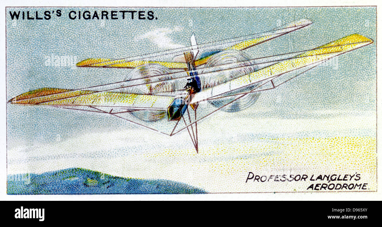 Samuel Pierpont Langley (1834-1906) astronomo americano e pioniere aeronautico. Langley a vapore alimentato piano modello aerodromo. Nel 1896 Aérodrome 5 volato 3/4 di miglio. Dal set di schede su aviazione pubblicato 1910. Chromolithograph. Foto Stock