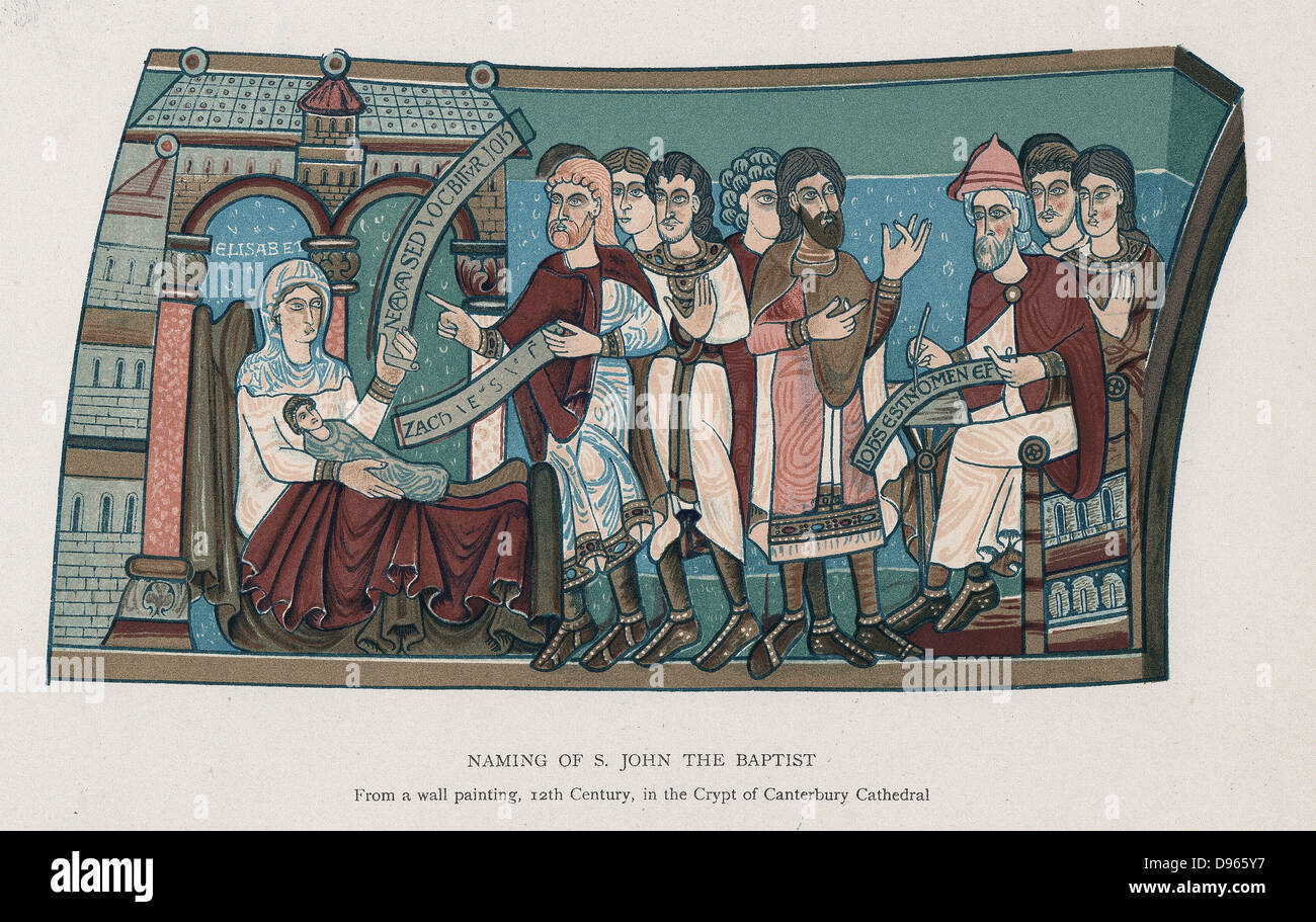 La denominazione di San Giovanni Battista. Litografia dopo il XII secolo muro dipinto nella cripta della Cattedrale di Canterbury, Inghilterra Foto Stock