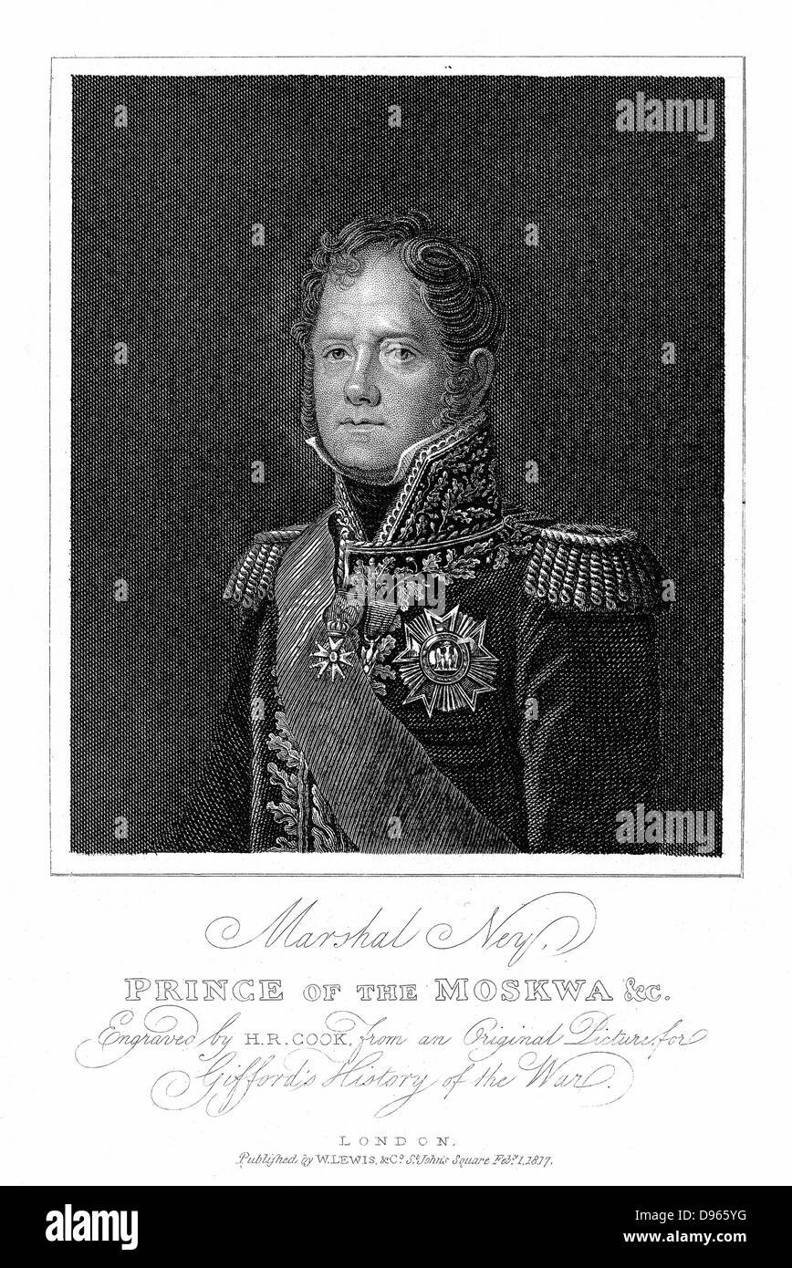 Michel Ney (1769-1815) soldato francese; il maresciallo di Francia; dopo il successo a Borodinò e Smolensk ha ricevuto il titolo di principe di Moskwa; led centro francese a Waterloo; shot per tradimento dopo la capitolazione di Parigi. Pubblicato da incisione London 1817. Foto Stock