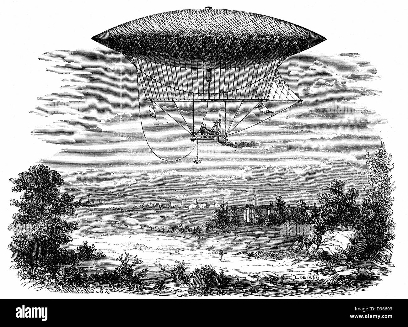 Henri Giffard (1825-1882) a vapore (sterzabile dirigibile) dirigibile durante la sua salita del 25 settembre 1852: a forma di sigaro gasbag. Da Louis Figuier 'Les Merveilles de la Science" (Parigi, c1870). Foto Stock