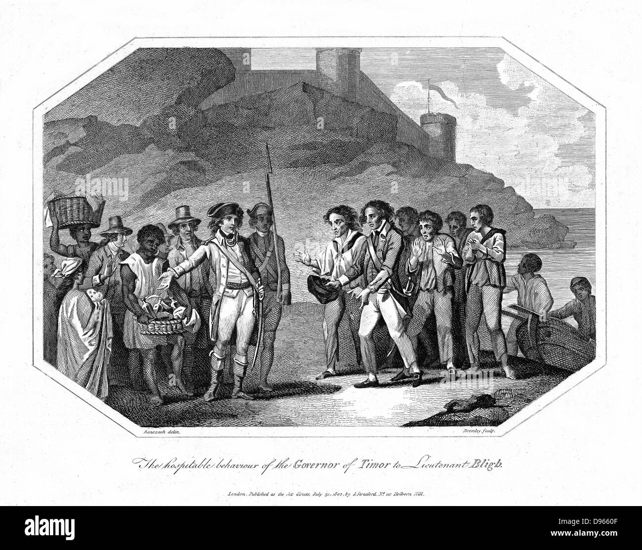 William Bligh (1754-1817) British naval officer e i suoi compagni, hospitably ricevuto dal governatore di Timor, 14 giugno 1789, dopo il viaggio di circa 4 mila miglia in open longboat in cui essi erano stati espressi alla deriva da Fletcher Christian e il suo "Bounty" rivoltosi il 28 aprile 1789. Incisione su rame 1802 Foto Stock
