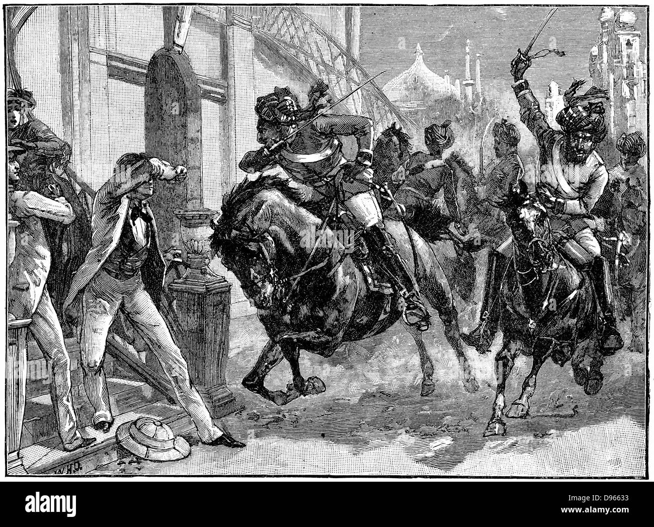 Ammutinamento indiano (Sepoy Mutiny) 1857-1859: montato Sepoys ribelli la carica attraverso le strade di Delhi - Maggio 1857. Pubblicato da incisione c1895. Foto Stock