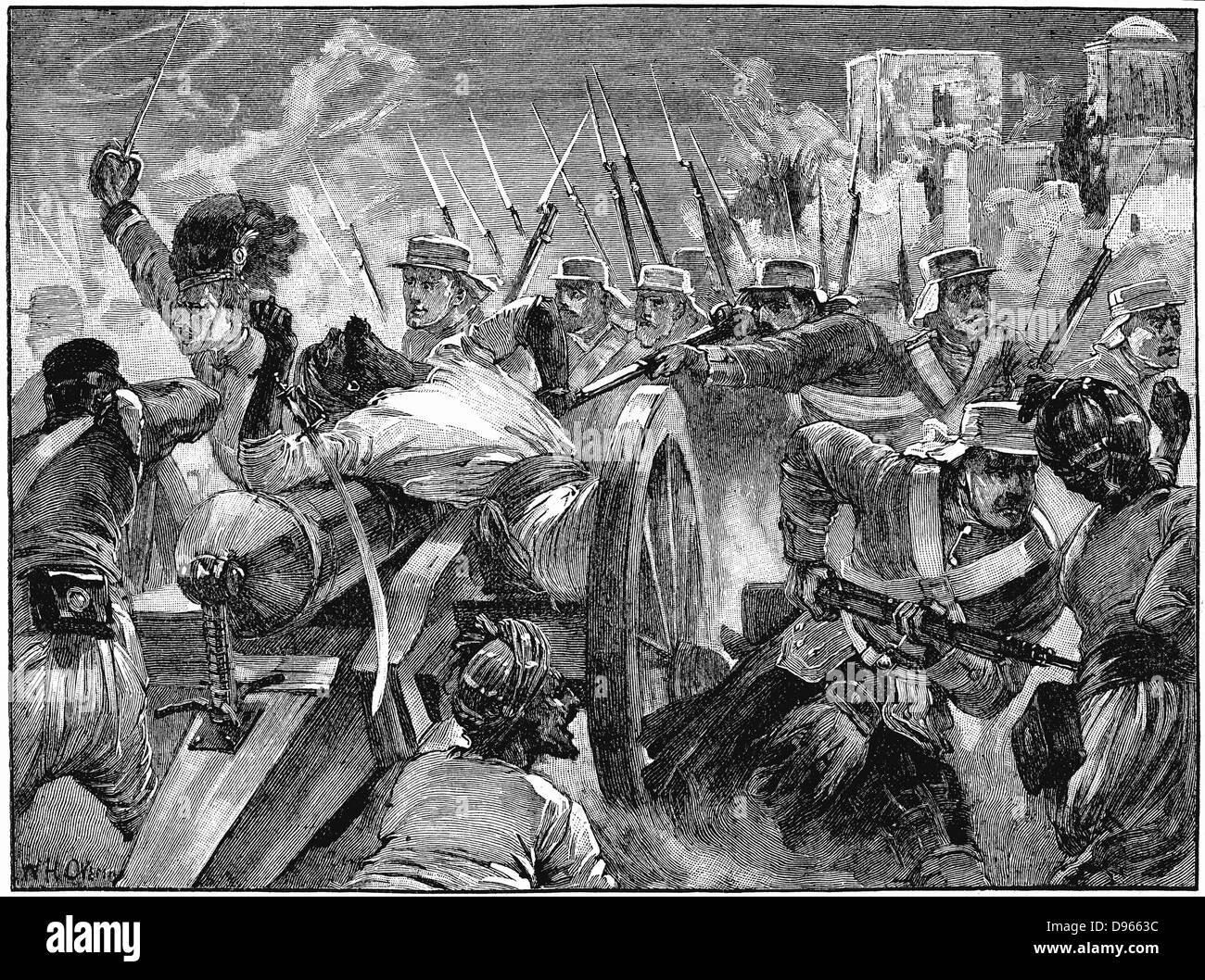 Ammutinamento indiano (Sepoy Mutiny) 1857-1859: Montanari catturando l' muntineers pistole a Cawnpore, 16 luglio 1857. Incisione su legno c.1895 Foto Stock