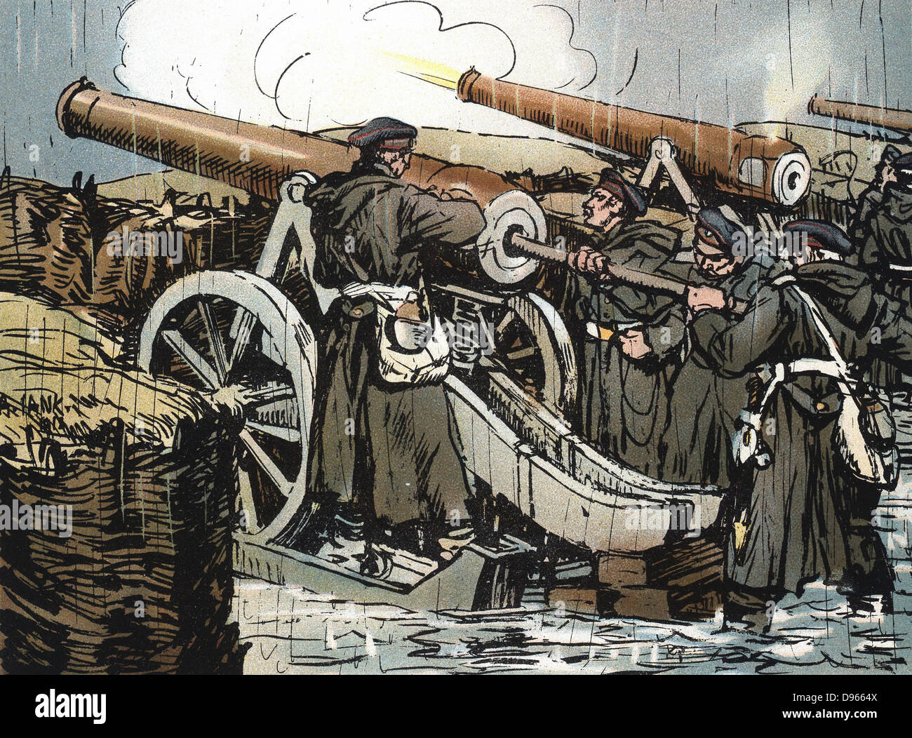 Guerra franco-prussiana 1870-1871: Prussia (tedesco) batteria di artiglieria in azione. Xilografia colorata Foto Stock