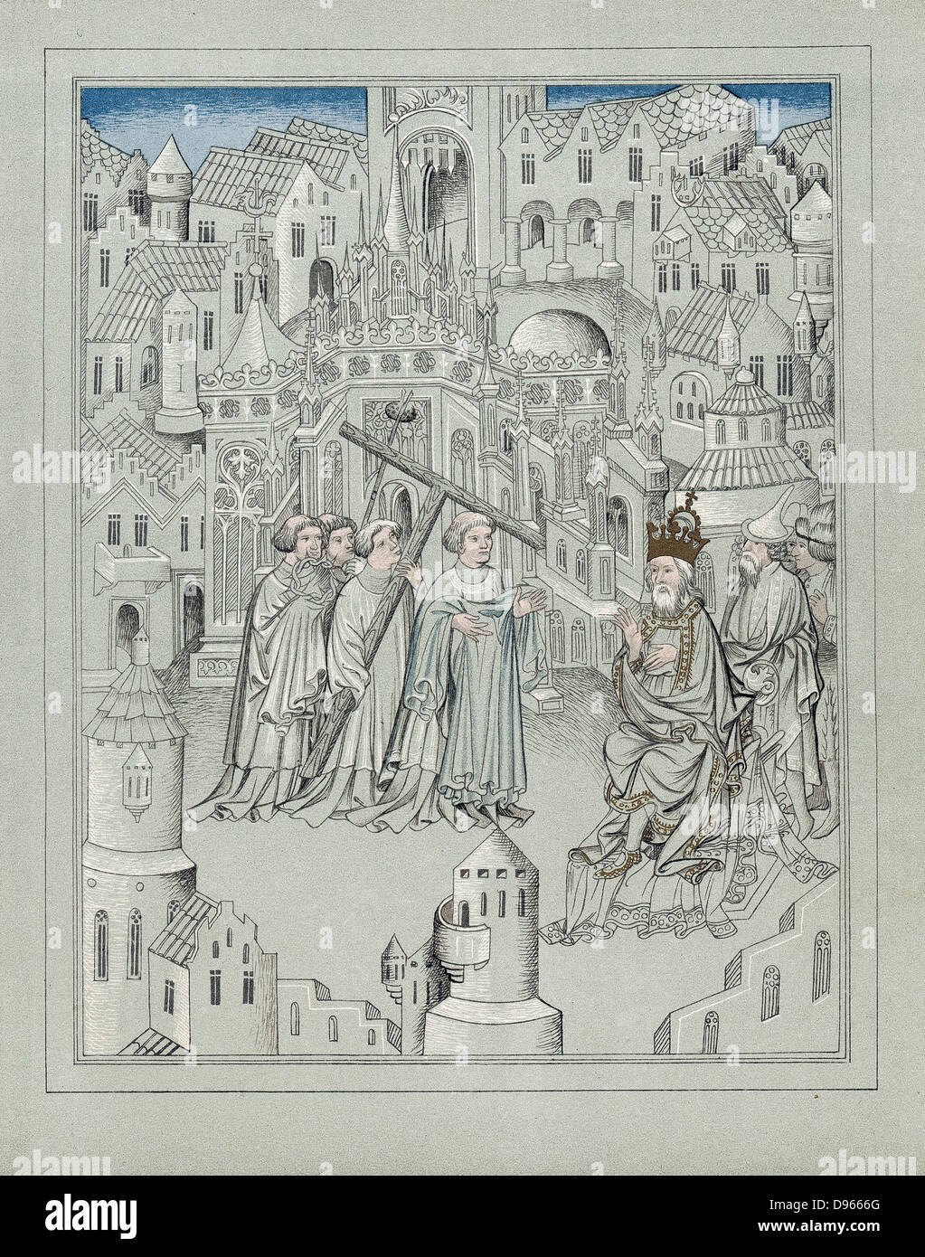 Facsimile della illustrazione da viaggi del leggendario Sir John Mandeville, c1372. Il cavaliere inglese. Figure centrali portano i simboli della passione di Cristo, una croce, una corona di spine e aceto-spugna bagnata sul bastone. Foto Stock
