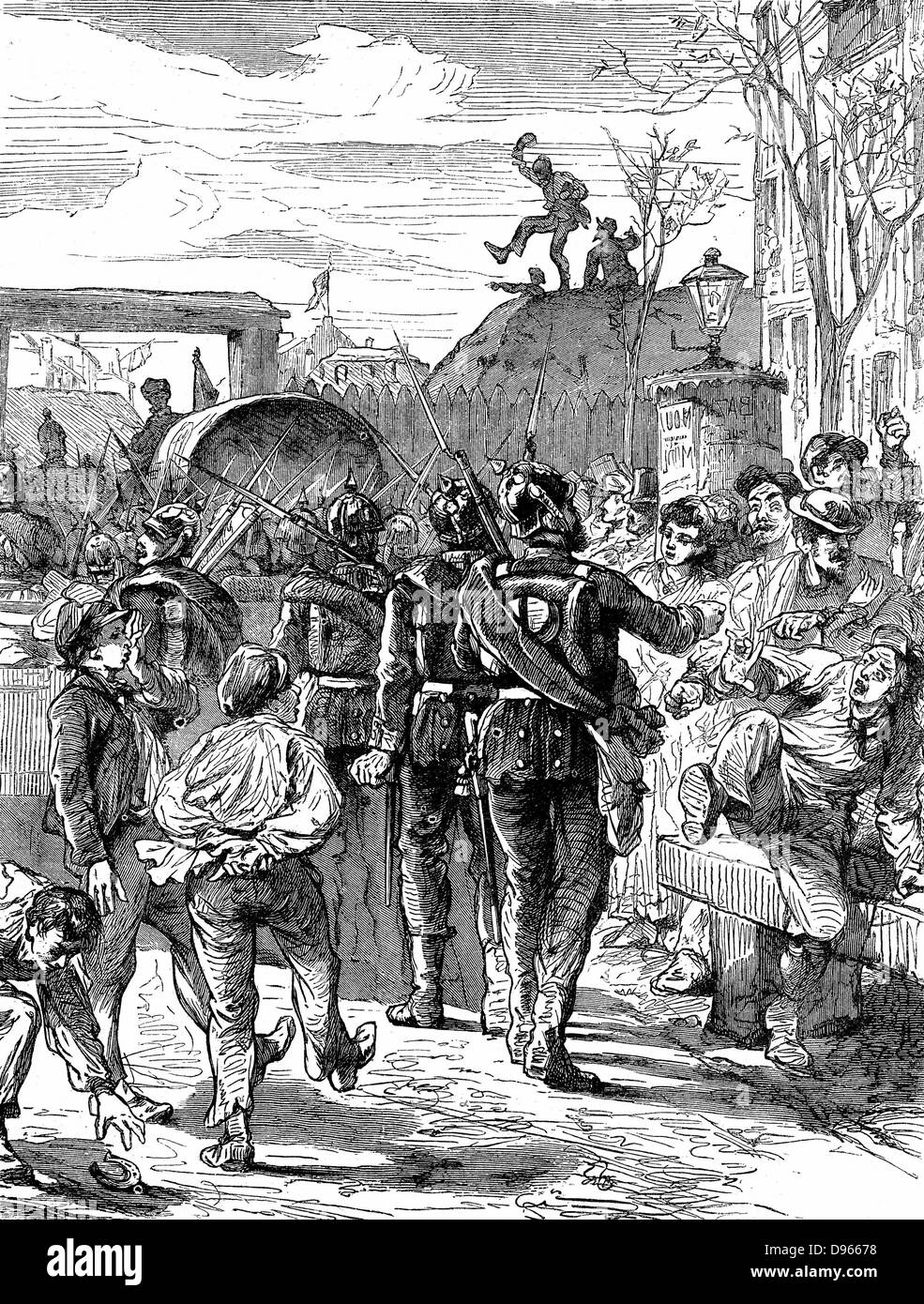 Guerra franco-prussiana 1870-1871: tedeschi lasciando Parigi. Incisione su legno c1880 Foto Stock