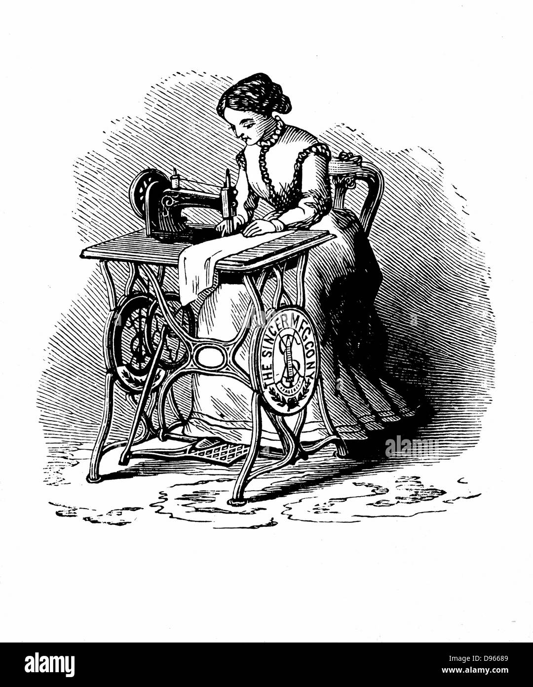 Macchina da cucire da Isaac Merritt Singer (1811-1875): versione a pedale. Da 'Genius ricompensati o la storia della macchina da cucire', New York, 1880. Incisione su legno. Foto Stock