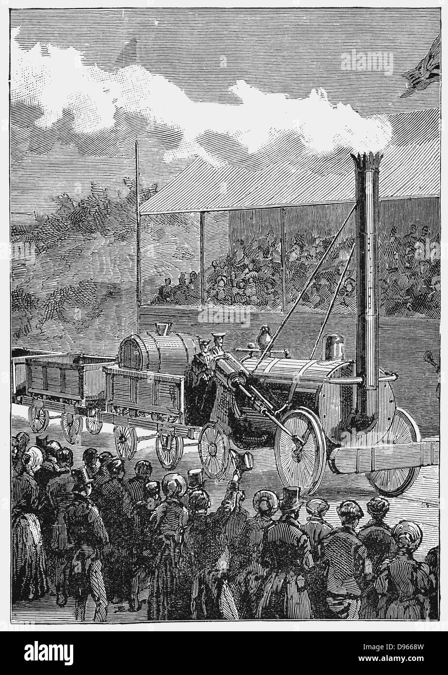 George Stephenson locomotiva del "Rocket' vincendo il concorso a Rainhill Bridge, vicino a Manchester, in Inghilterra, per il motore per essere utilizzato su Liverpool e Manchester ferroviaria: 14 ottobre 1829. Ruote flangiate incisione su legno 1898 Foto Stock